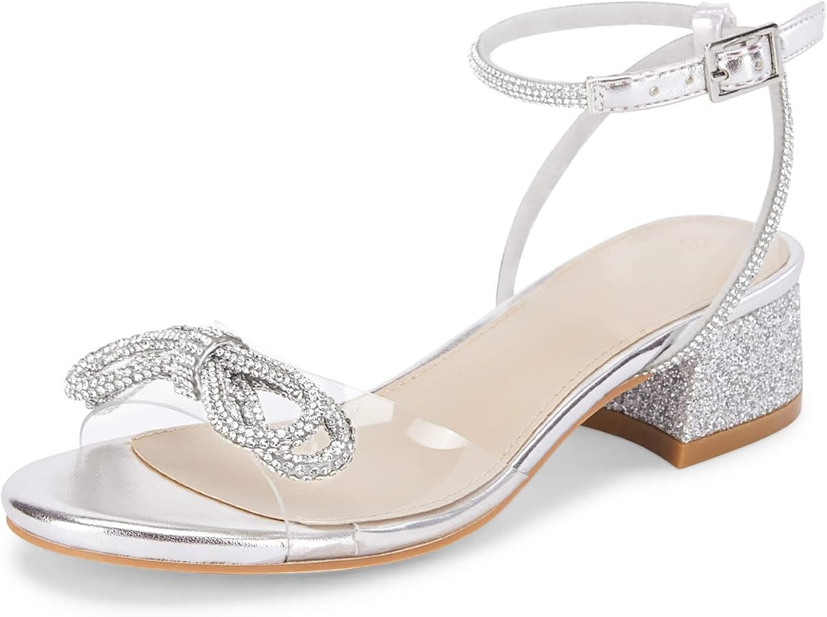 Coutgo Girls Rhinestone Sandals Low Chunky Heels Bow Open Toe Glitter Dress Shoes for Toddler Lit... | Amazon (US)