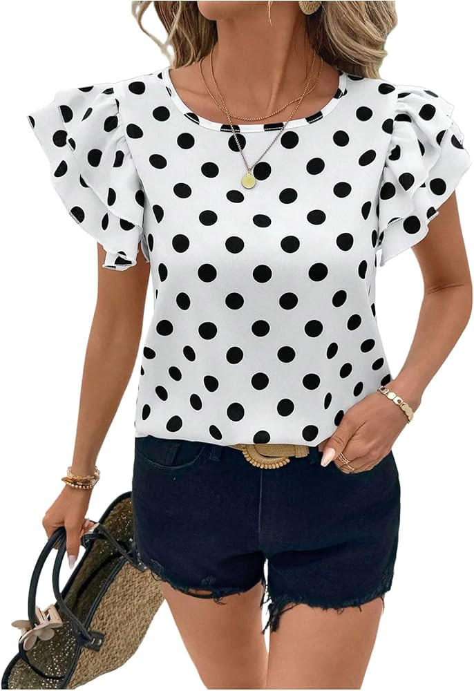 Floerns Women's Polka Dots Blouse Tops Ruffle Cap Sleeve Crew Neck Summer Shirts | Amazon (US)