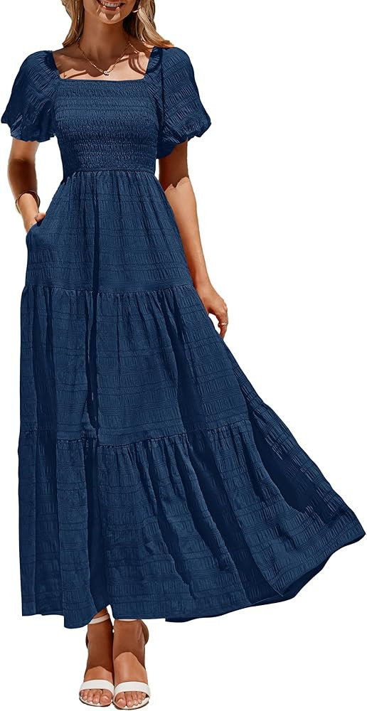 PRETTYGARDEN Womens Summer Puff Short Sleeve Maxi Dress Square Neck Smocked Tiered Ruffle A Line ... | Amazon (US)