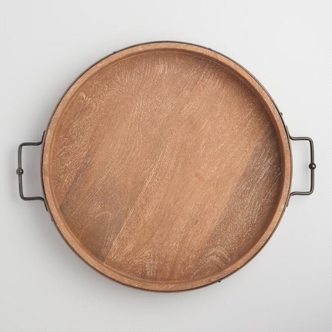 Round Rustic Wood Serving Tray With Iron Handles | World Market