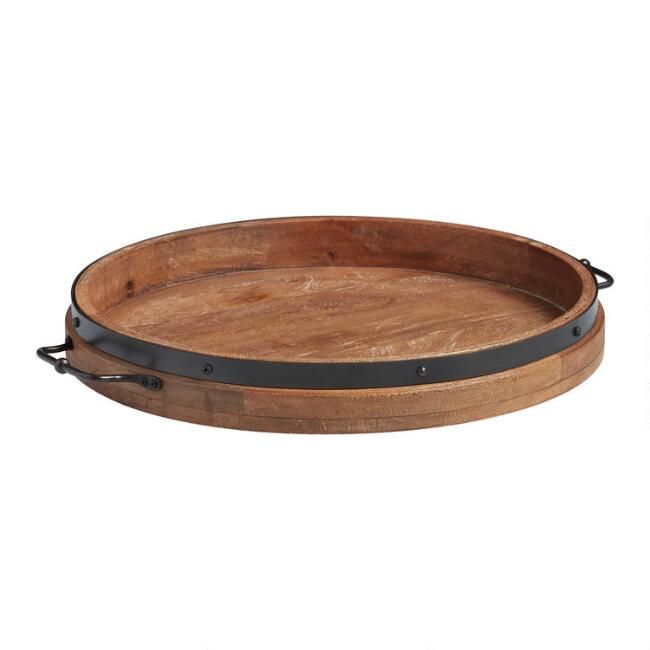 Round Rustic Wood Tray with Iron Handles | World Market