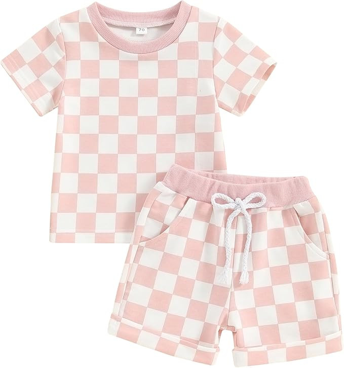 FOCUSNORM Toddler Baby Girl Outfit Newborn Girl Summer Clothes Short Sleeve T Shirt Checkerboard ... | Amazon (US)