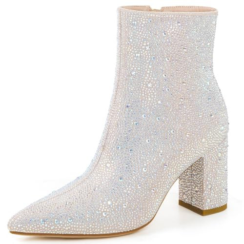 MISSMILLER Rhinestone Chunky Heel Pointed Toe Ankle Boots for Women with Full Bling Sparkly Crystals Booties | Amazon (US)