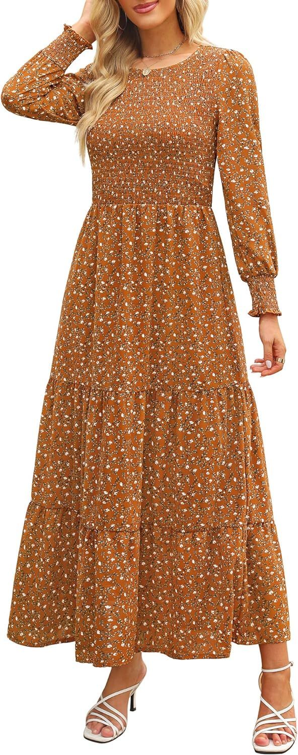 Annebouti Women Round Neck Long Sleeve Boho Floral Smocked Tiered Maxi Dress | Amazon (US)