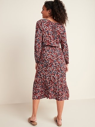 Floral-Print Waist-Defined Midi Dress for Women | Old Navy (US)
