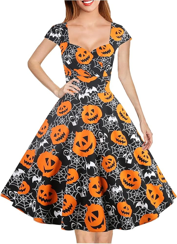 Hanpceirs Women's Cap Sleeve 1950s Retro Vintage Cocktail Swing Dresses with Pocket | Amazon (US)