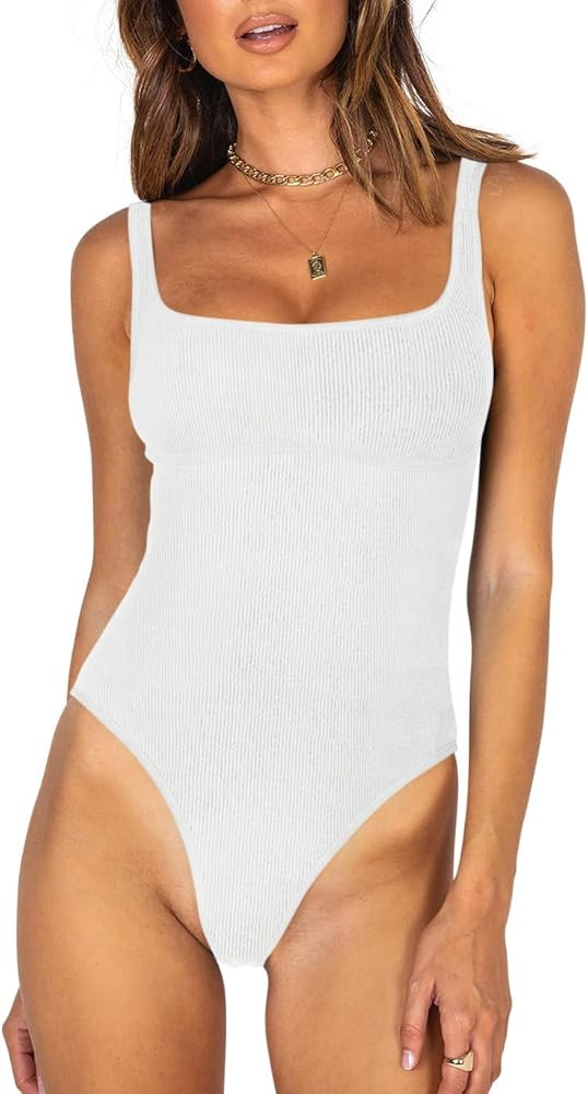 REORIA Women’s Sexy Square Neck Sleeveless Underbust Detailing Ribbed Tank Thong Bodysuits Tops | Amazon (US)