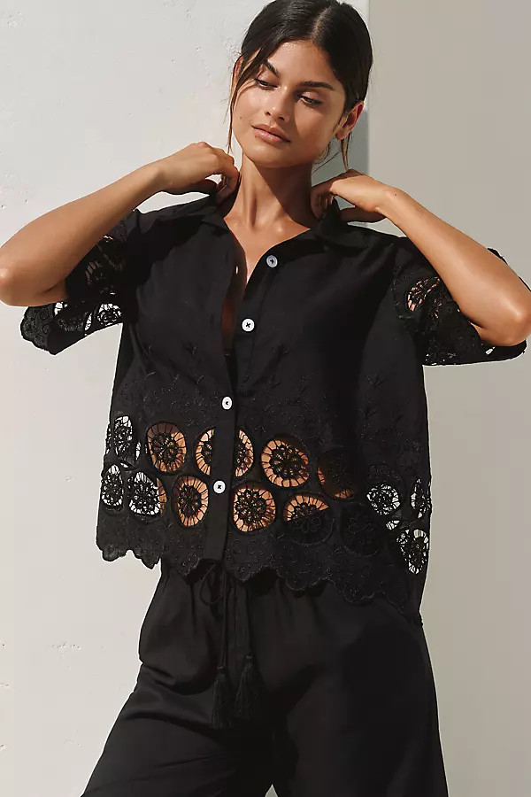 Mahila Short-Sleeve Embroidered Cutwork Button-Front Top | Anthropologie (US)
