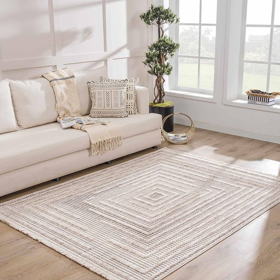 Hauteloom Lyre Living Room, Bedroom Area Rug - Geometric, Solid & Striped - Charcoal, Cream, Peac... | Amazon (US)