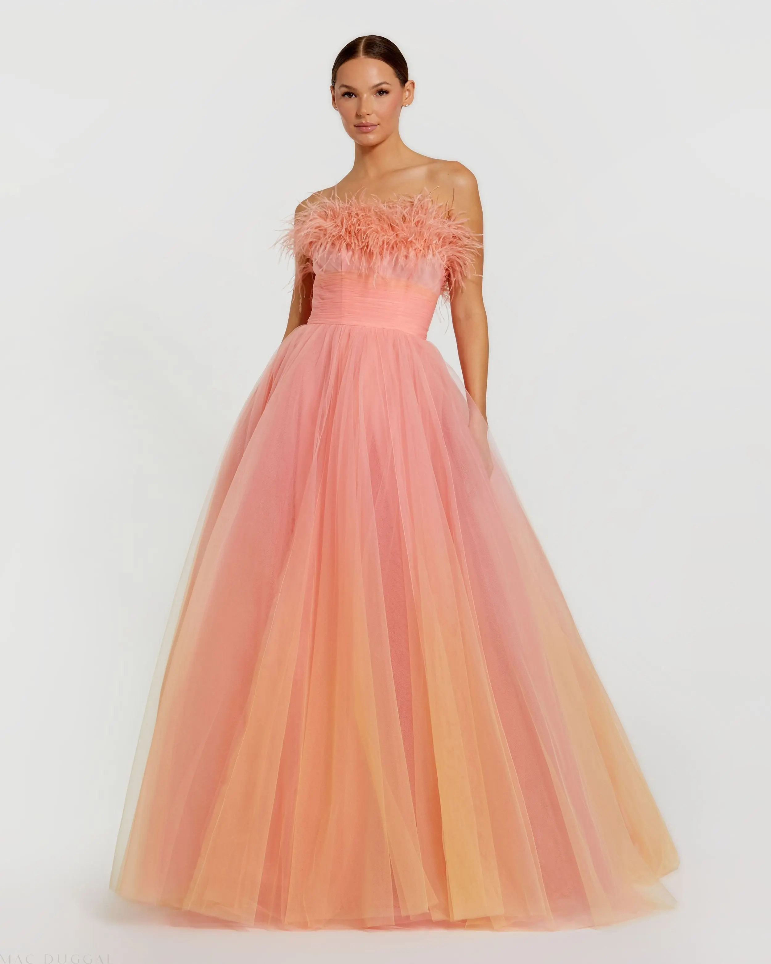 Mac Duggal - Orange and Pink Ombre Strapless Feather Bodice Tulle Gown - US 4 | Mac Duggal