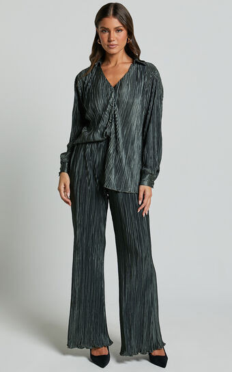 Beca Pants - High Waisted Plisse Flared Pants in Olive | Showpo (US, UK & Europe)