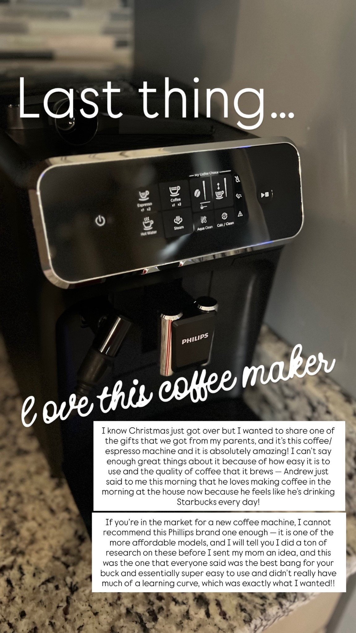 Love this espresso + coffee maker from Phillips — definitely not the cheapest option, but it’s also not the most expensive and in my opinion, the best bang for your buck!

Not complicated to use, virtually no learning curve and very easy to operate compared to other models out there! 

My parents got us this for Christmas and I can’t recommend it enough!!

Barista at home, coffee maker, espresso machine, coffee machine, gourmet coffee at home, at home latte, coffee at home 

#LTKdayinmylife #LTKHome #LTKmorningroutine