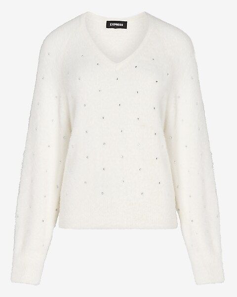 Cozy Faux Fur Embellished V-Neck Sweater | Express