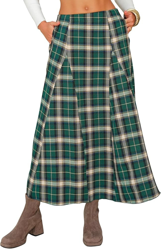 EXLURA Womens Flannel Plaid Long Skirts High Waist A Line Flared Pleated Maxi Skirt Dress Casual ... | Amazon (US)