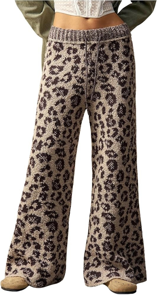 SweatyRocks Women's Leopard Print Pants Drawstring Low Waist Loose Knit Long Sweater Trousers | Amazon (US)