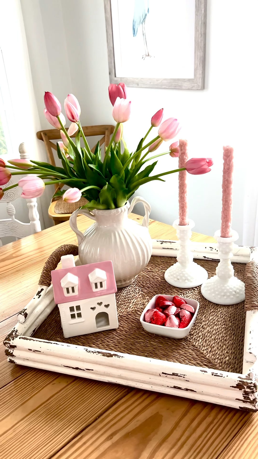 Valentines Centerpiece with real touch tulips , white ceramic vase, pink candles, valentines heart pink house 

#LTKHome #LTKSeasonal #LTKFindsUnder50