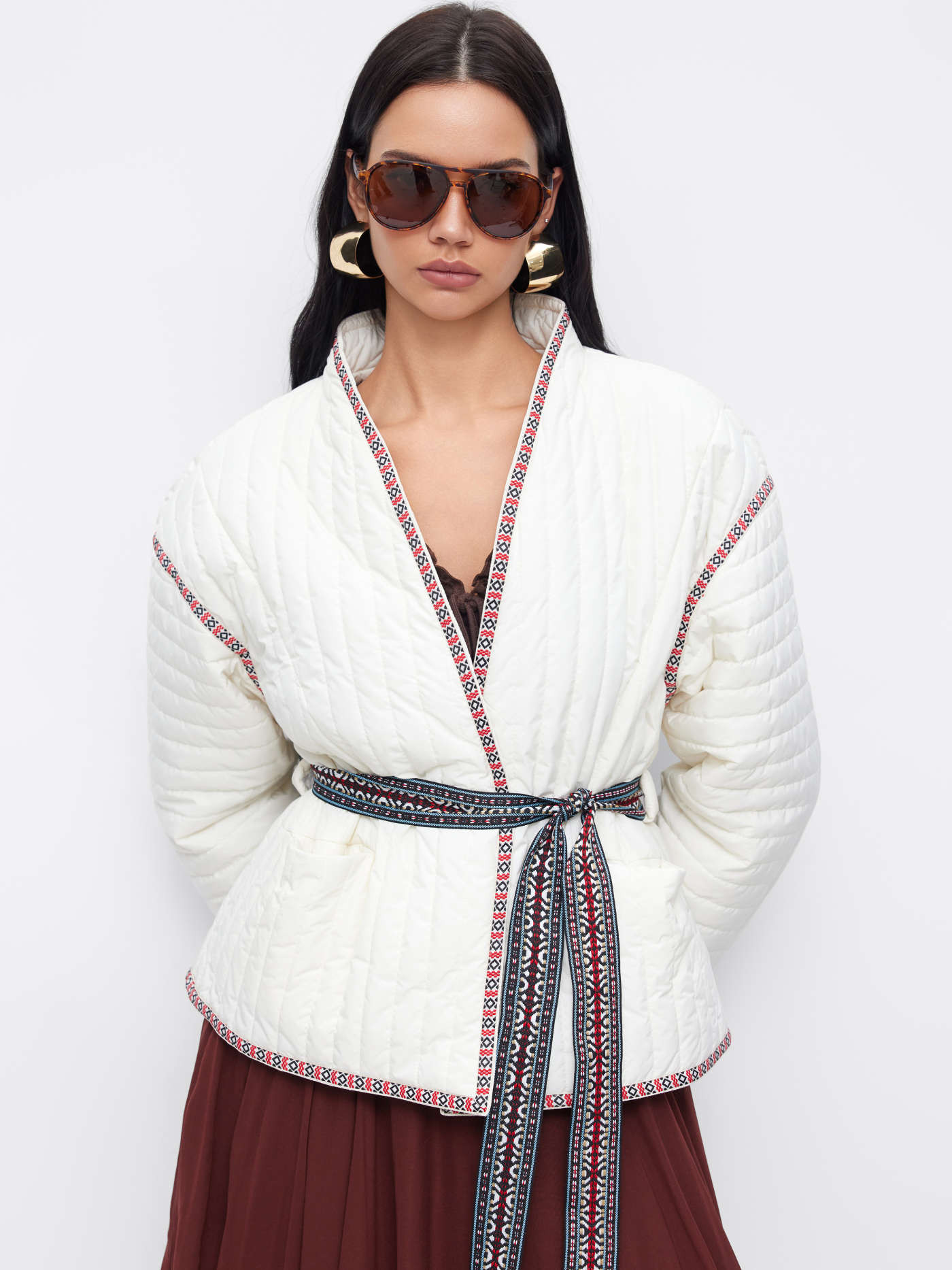 Woven V-neck Contrasting Binding Oversized Puffer With Belt For Daily Casual | Cider