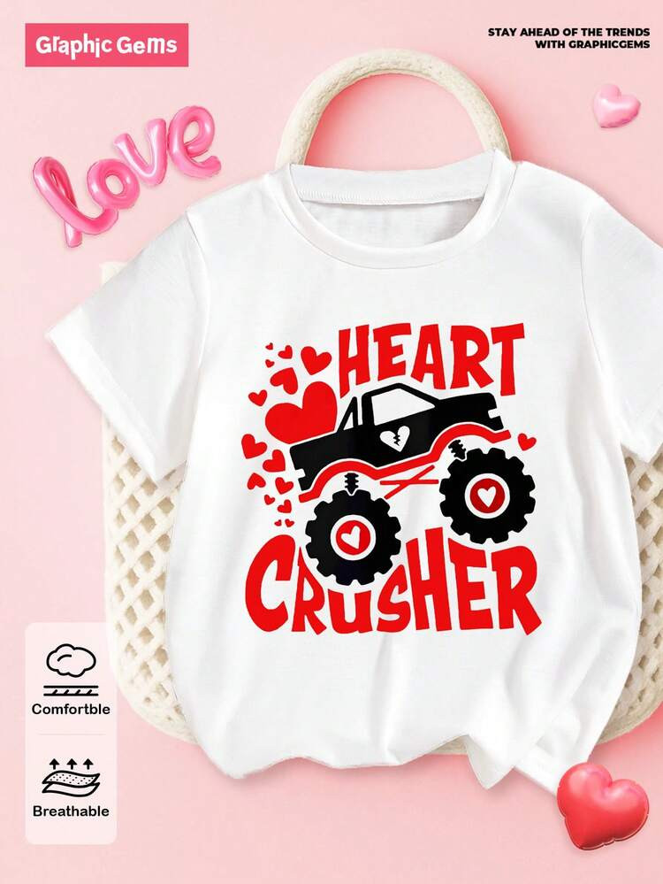 Young Boy Valentine's Day Heart & Car Print Crew Neck Short Sleeve T-Shirt, Suitable For Holiday Gatherings, Parties, Valentine's Day Elements Design, Lightweight & Comfortable For Spring/Summer, Fashionable Casual Wear, Street Style, Outdoor Picnic, School, Gifts | SHEIN