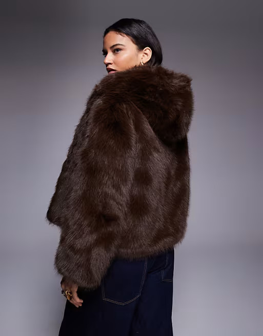 Kiwi & Co Faye faux fur hooded cropped jacket in chocolate | ASOS (Global)