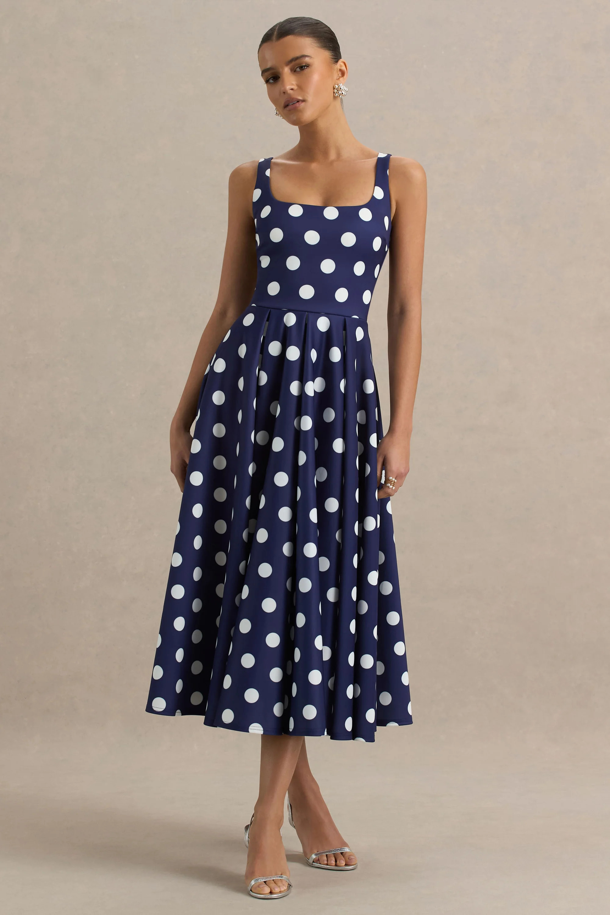 Berta | Navy And White Polka-Dot Square-Neck Midi Dress | Club L London