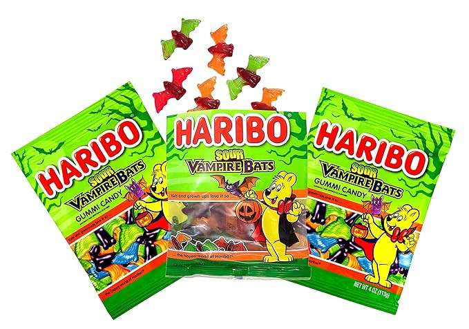 Haribo Fruit Flavored Sour Vampire Bats Halloween Gummy Candy, 3 Pack, 4 oz Bag | Amazon (US)