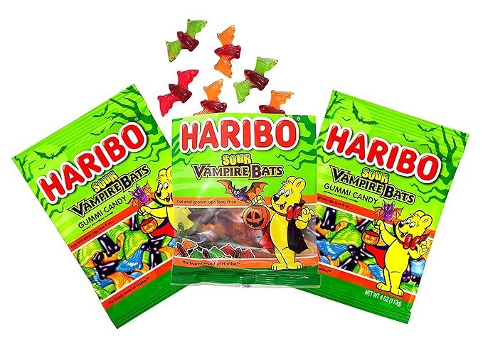 Haribo Fruit Flavored Sour Vampire Bats Halloween Gummy Candy, 3 Pack, 4 oz Bag | Amazon (US)