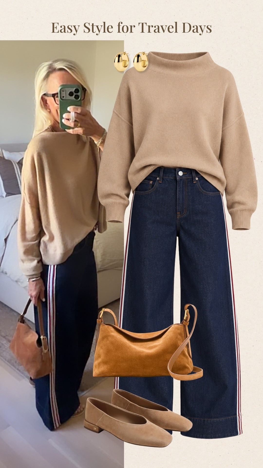 A soft taupe sweater with navy side-stripe pants makes such an easy travel-day outfit. I love the combination of comfortable-looking separates with a polished neutral palette, finished with a warm tan bag and simple flats, an effortless formula for travel days and busy days on the go.

#LTKootd #LTKOver40