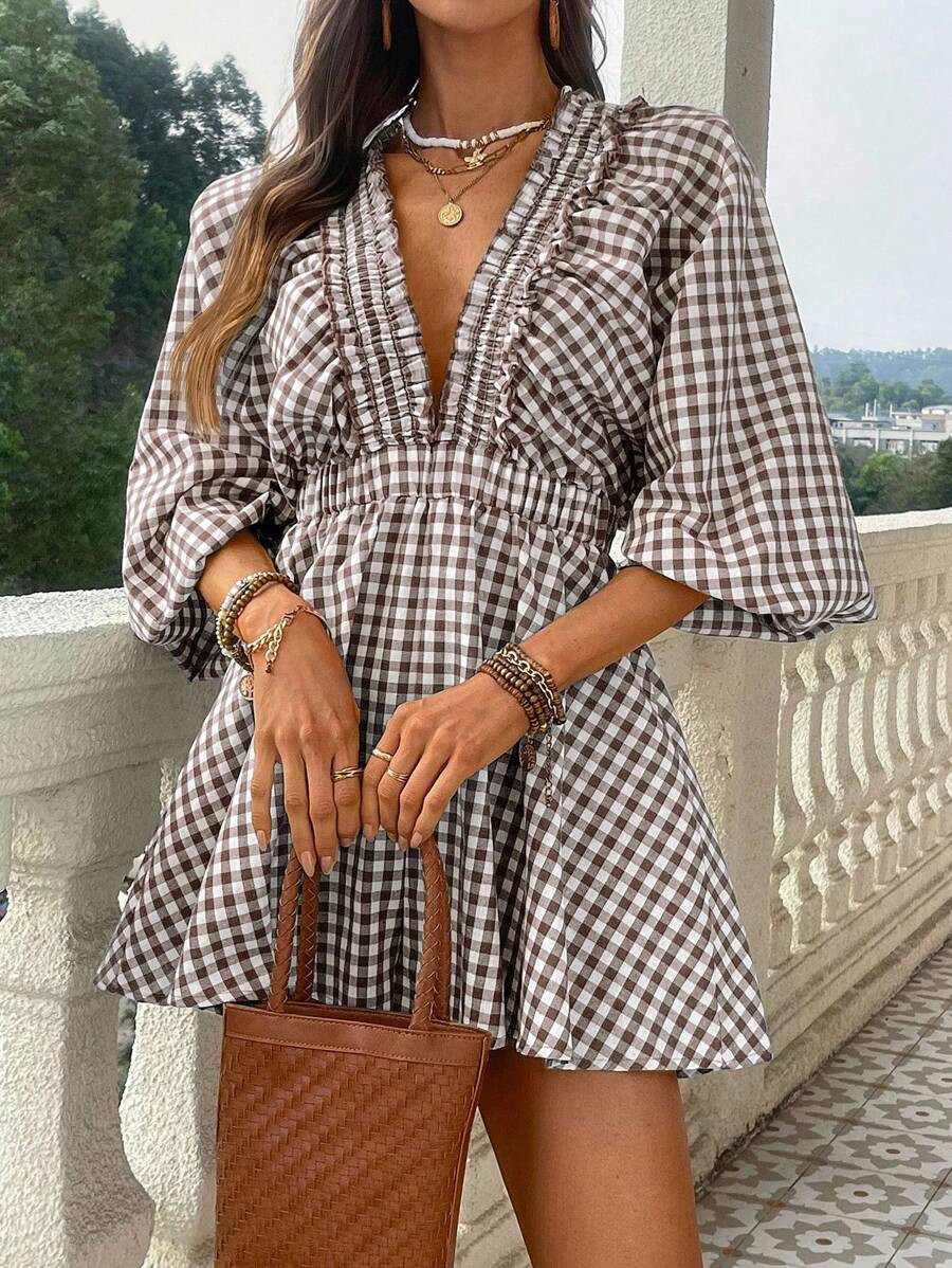 KARISMINA Women's Woven Plaid V-Neck Puff Sleeve Jumpsuit,Gingham Romper,Vacation Outfits For Wom... | SHEIN