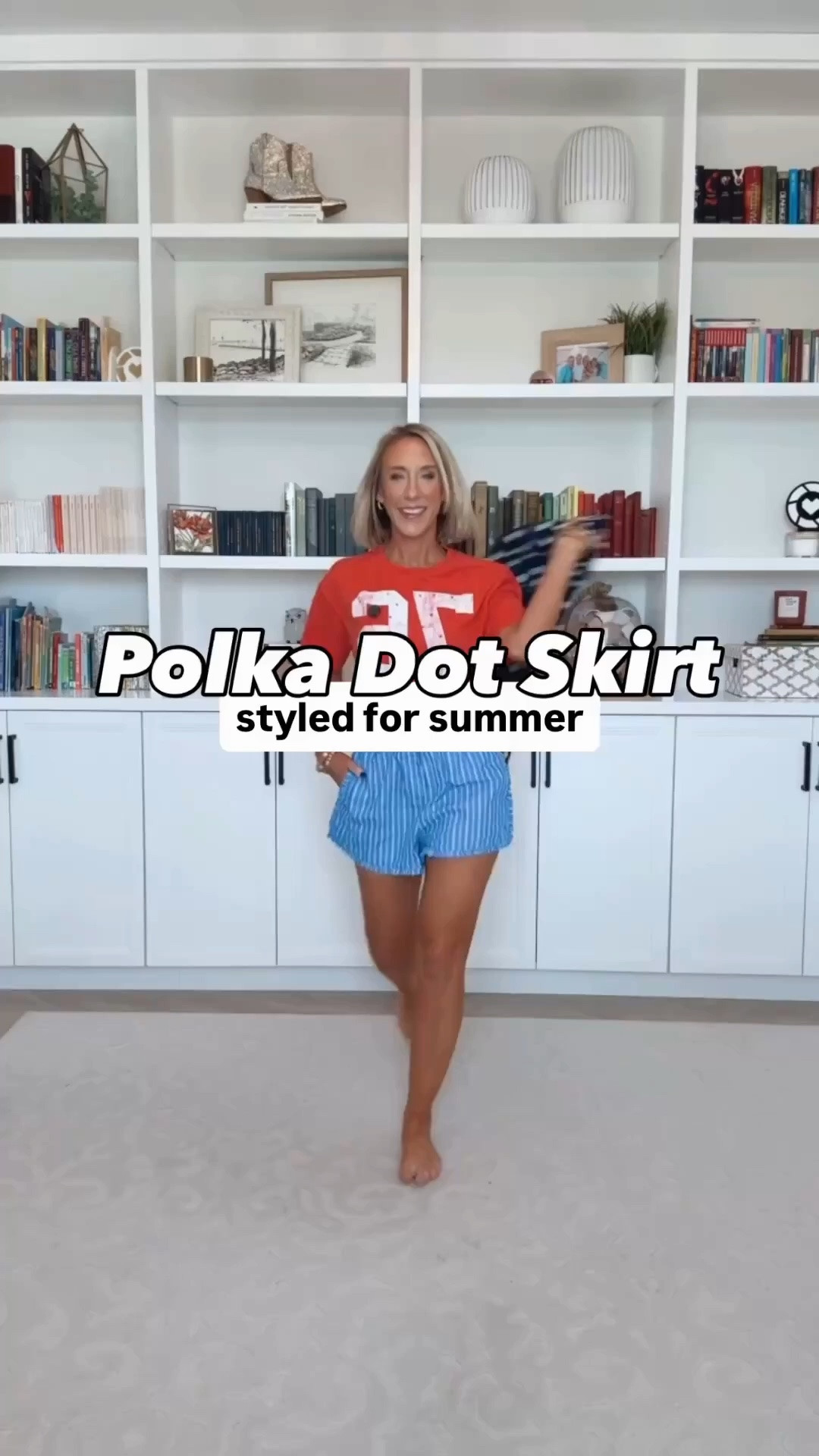 One polka skirt - styled 8 ways: • Midi skirt - size XS. Not lined but not see through. Elastic waistband and pockets! 1. White tank w/ built in bra - size XS. 2. Denim vest - size Small. 3. Crochet top - size Small. 4. Blue top - size Small. 5. Striped top - size XS. 6. White Button Down - size Small. 7. Yellow vest - size Small. 8. Navy top - size small.

#LTKootd #LTKSeasonal #LTKOver40
