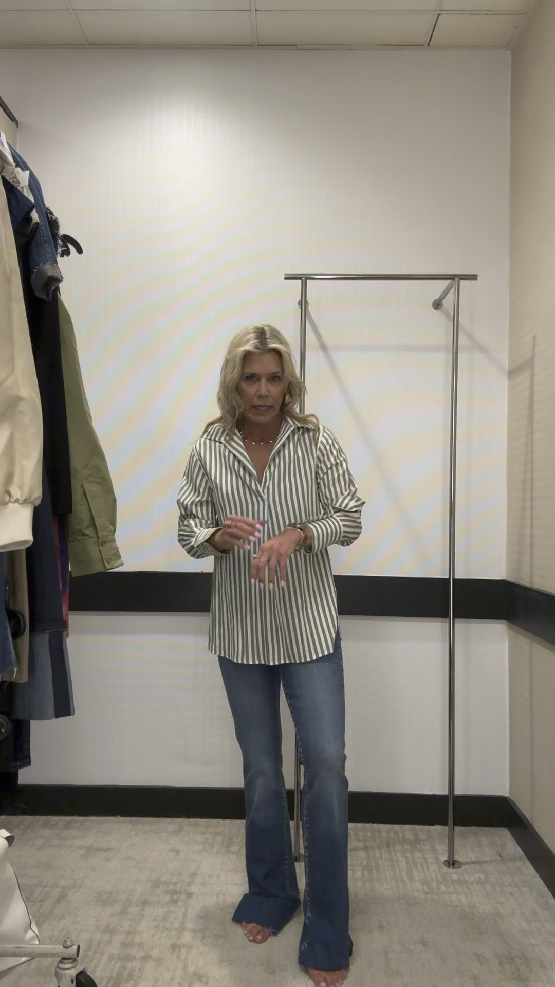 Transition to fall in this effortless outfit combination of flare denim with a blouse or top. We love the olive striped pop-over top you can wear with shorts now then white jeans or blue jeans.

#LTKOver40 #LTKVideo