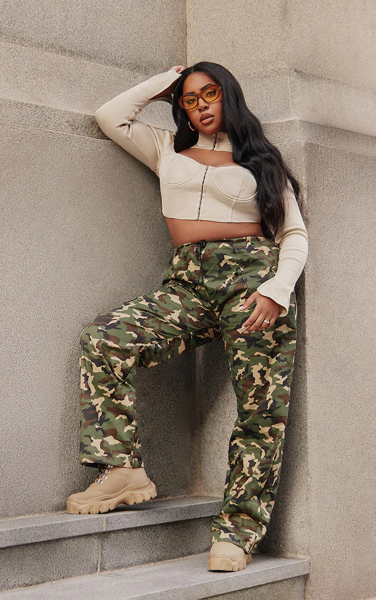 Khaki Camo Print Toggle Waist Low Rise Straight Leg Cargo Pants | PrettyLittleThing US