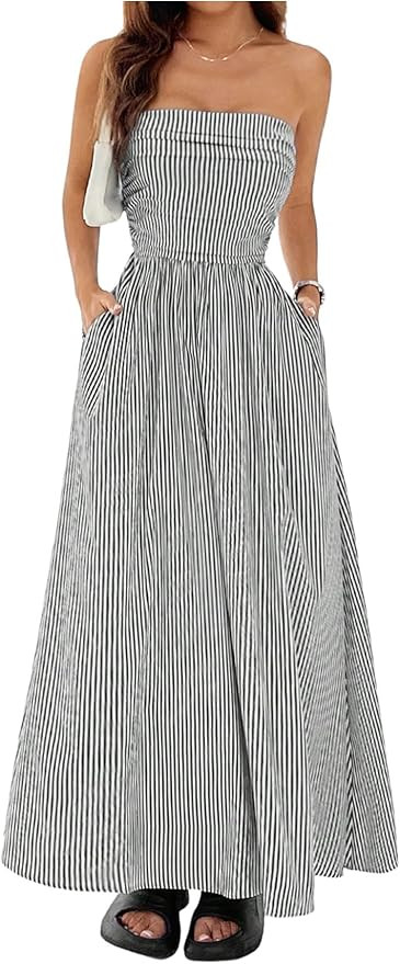 Milumia Women's Striped Strapless Maxi Dress Summer Flared Tube Top Long Dresses with Pocket | Amazon (US)