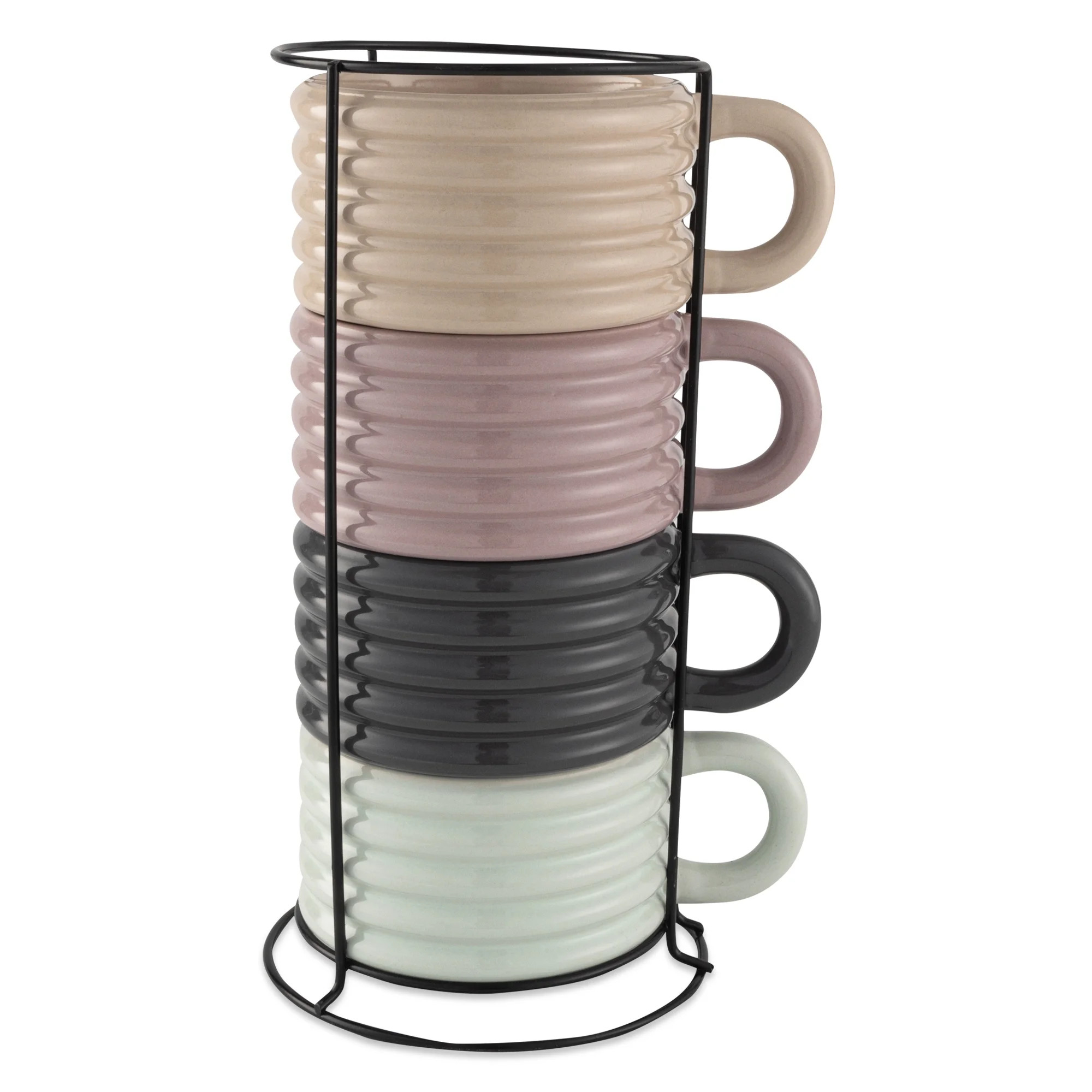 Thyme & Table 4-piece Ceramic Ribbed Stackable Mug Set with Rack, 12 fl oz | Walmart (US)