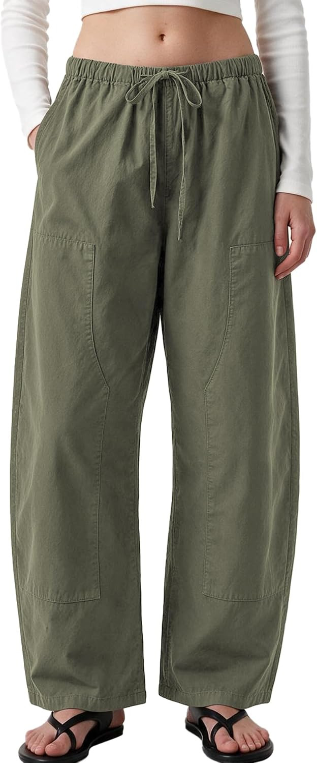 Women Barrel Pants Baggy Work Trousers Drawstring Elastic Waist Wide Leg Casual Pants with Pockets | Amazon (US)