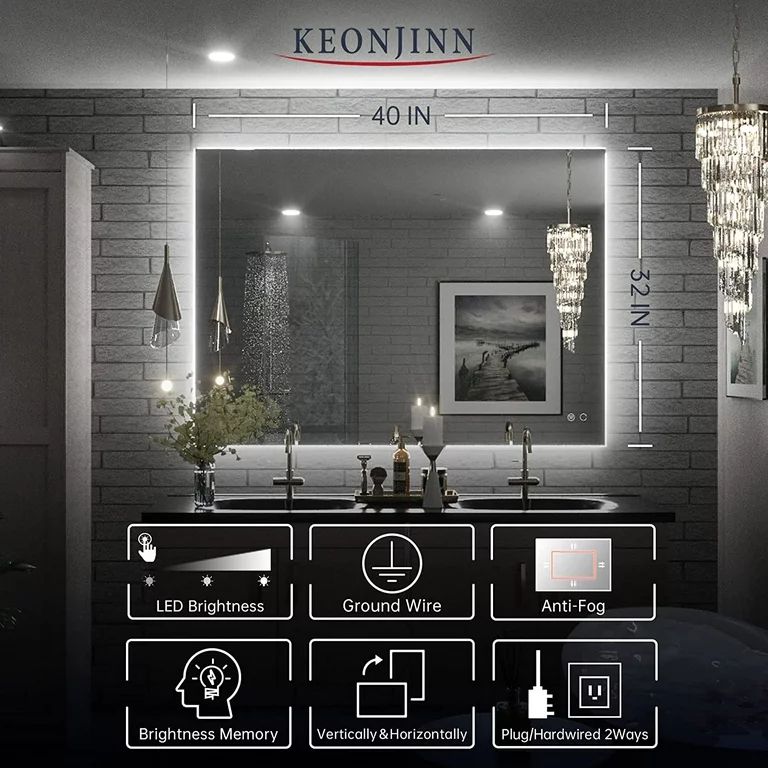 Keonjinn 40"x32" LED Backlit Mirror with Anti-Fog Dimmable Makeup Rectangular Wall Mounted Mirror... | Walmart (US)