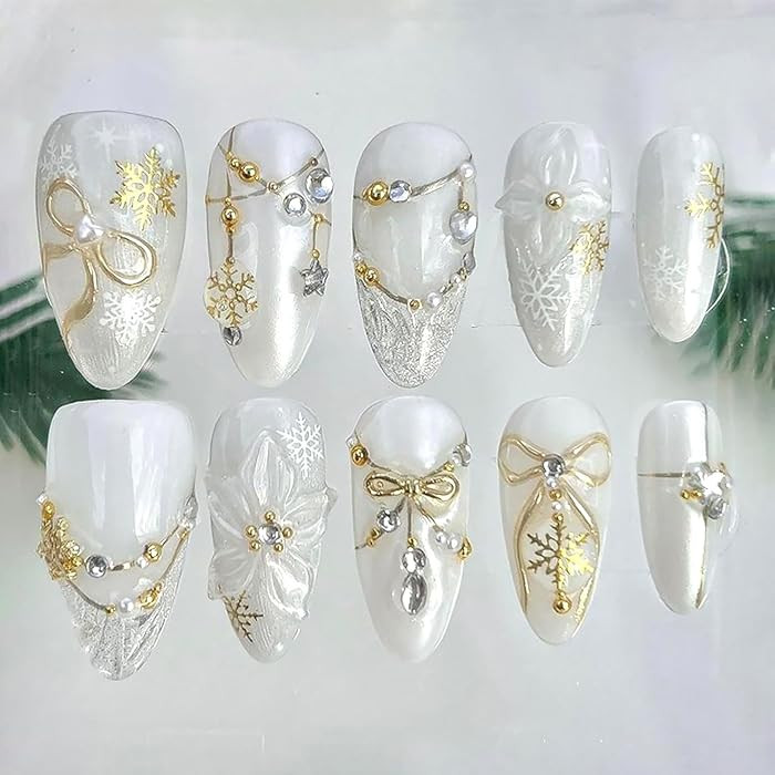 10Pcs Christmas Handmade Press on Nails Medium Almond Fake Nails White Flower False Nails with Go... | Amazon (US)