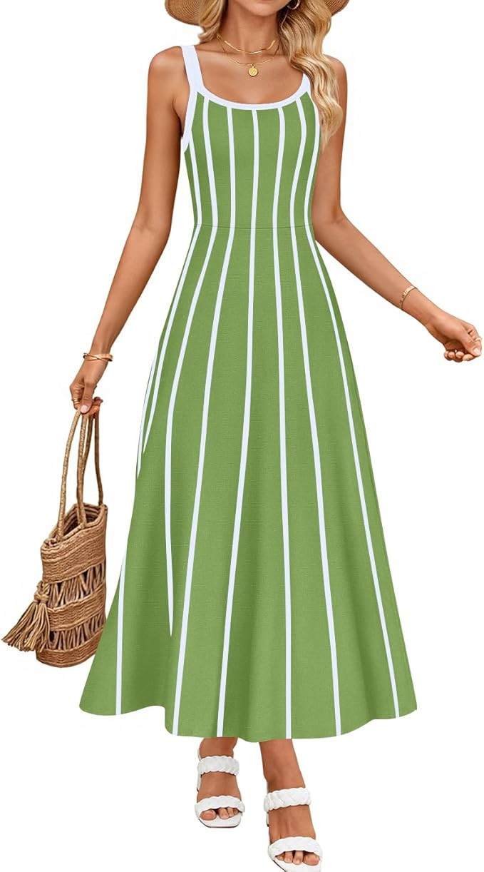 ZESICA Womens 2026 Summer Sleeveless Striped Midi Dresses Casual A Line Swing Knit Long Dress Bea... | Amazon (US)