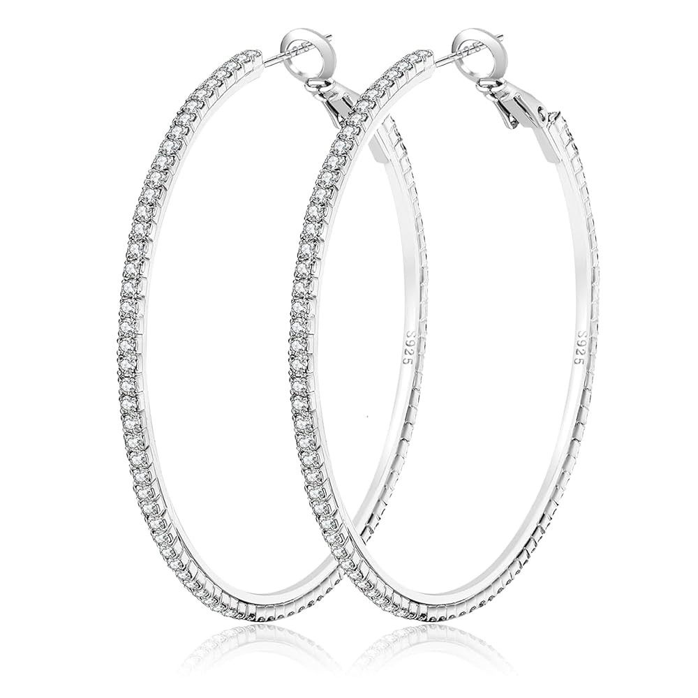 925 Sterling Silver Earrings Large Rhinestone Hoop Earrings Big Cubic Zirconia Hoop Earrings Thin... | Amazon (US)