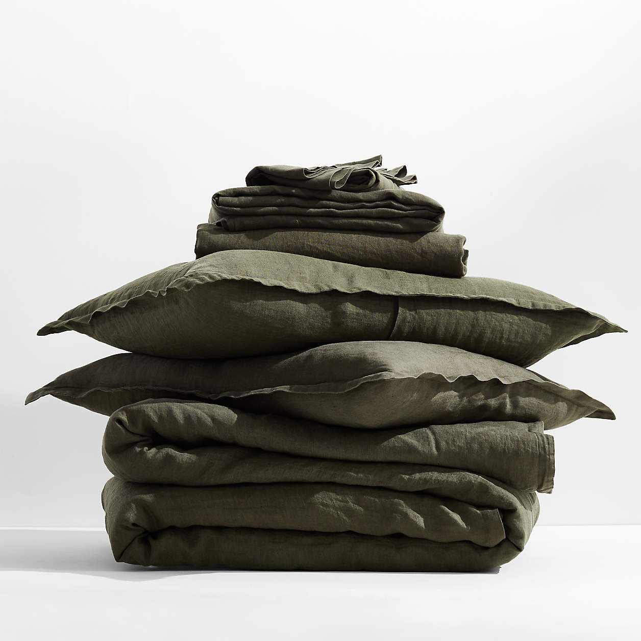 Aire Natural European Linen Burnt Green King Bedding Set + Reviews | Crate & Barrel | Crate & Barrel