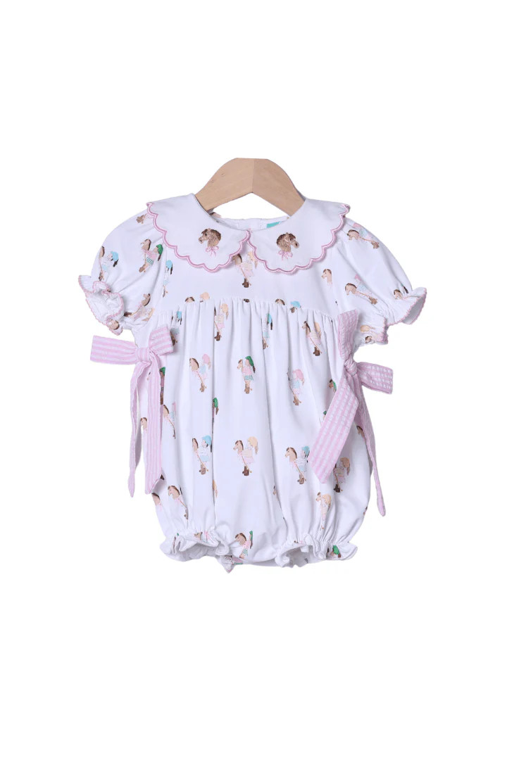 TSF x Shelby Back Stick Horse Pink Seersucker Bubble | The Smocked Flamingo
