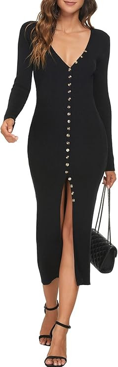 Aigeman Womens V Neck Button Down Long Cardigan Sweater Bodycon Long Sleeves Knit Party Maxi Dres... | Amazon (US)