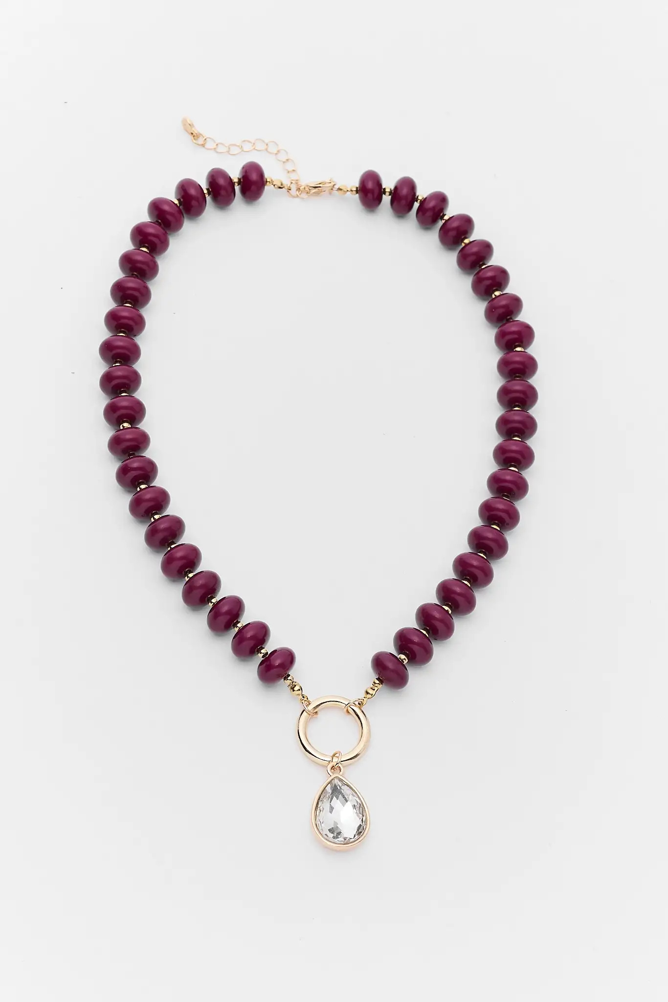 Burgundy Beaded Rhinestone Charm Necklace | Avara