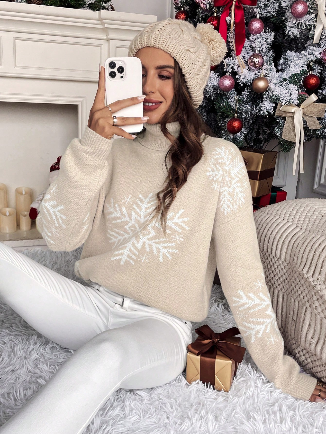 SHEIN Frenchy Snowflake Pattern Turtleneck Drop Shoulder Sweater | SHEIN