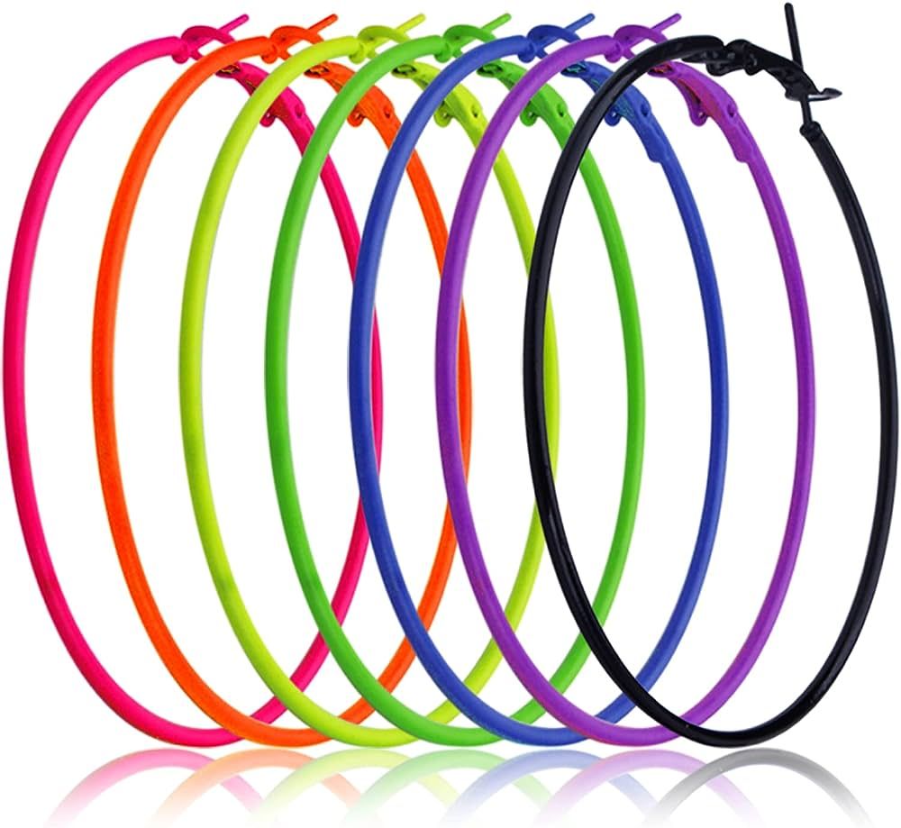 7 Pairs 80s Colorful Big Hoop Earrings Retro Neon Earrings Open Beading Hoop Dangle Earrings Acce... | Amazon (US)