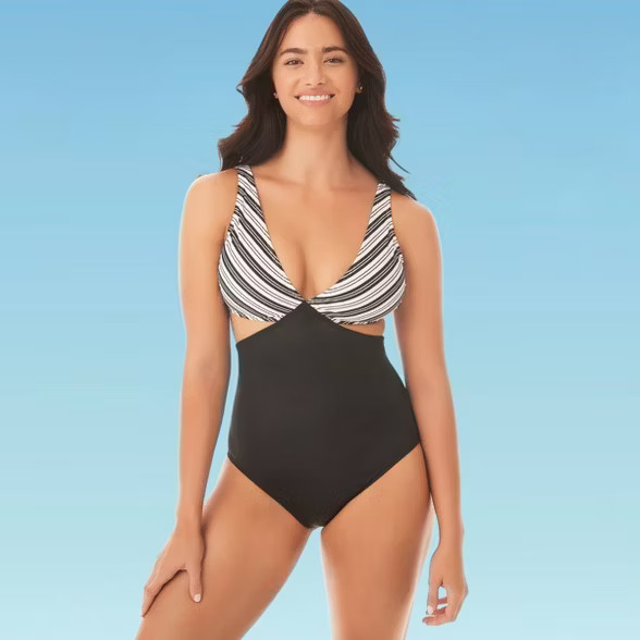 Women's Slimming Control Side Cut Out One Piece Swimsuit - Beach Betty By Miracle Brands Black/Wh... | Target