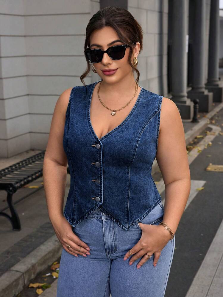SHEIN Essnce Plus Size Women's Single-Breasted V-Neck Casual Denim Vest Jacket,Business Casual Wo... | SHEIN