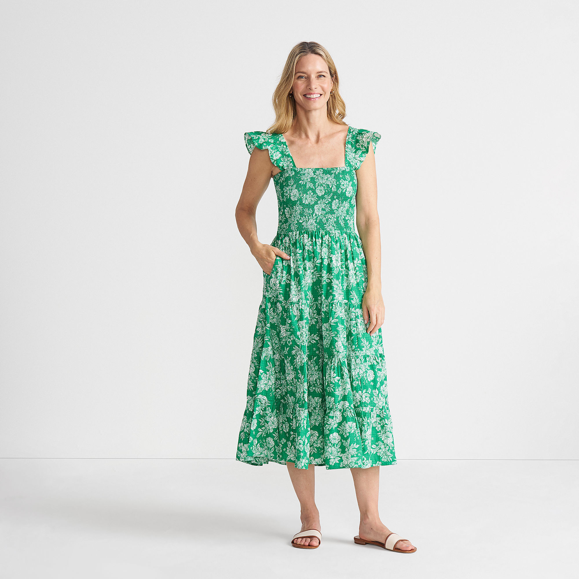 Women's Cotton Dobby Smocked Dress with Ruffle Straps | Lands' End (US)