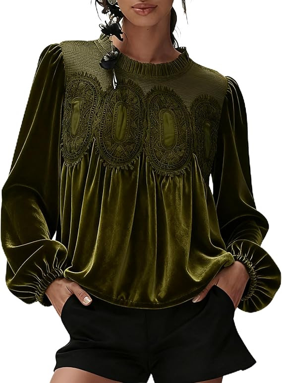 Gozoloma Women's Long Sleeve Velvet Trim Lace Blouse Elegant Flared Swing Top Round Neck Blouse C... | Amazon (US)