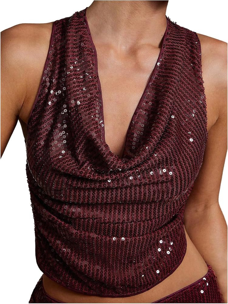OYOANGLE Women's Sequin Sparkly Tank Top Cowl Neck Ruched Backless Sleeveless Glitter Crop Tops P... | Amazon (US)