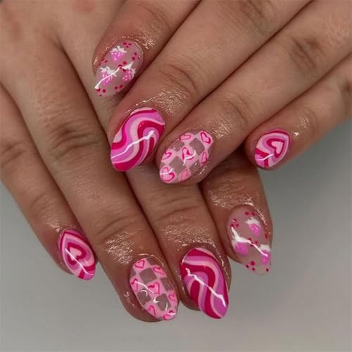 Valentines Press on Nails Short Almond Fake Nails Pink Heart Acrylic Nail with Stripe & Strawberry Designs Stick on Nail Full Cover Nails Press Ons Holiday Manicure for Women 24Pcs | Amazon (US)